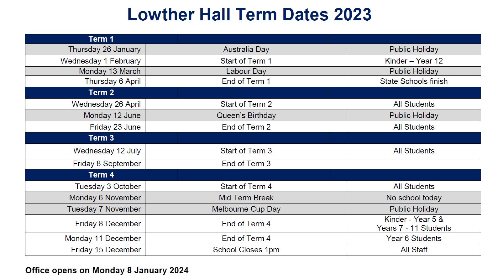 Term Dates Lowther Hall